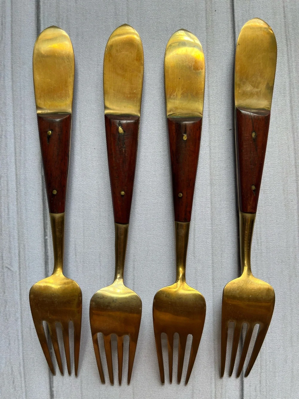 Vintage Siamese/Thai brass & rosewood cocktail appetizer salad dessert fork. 4pc